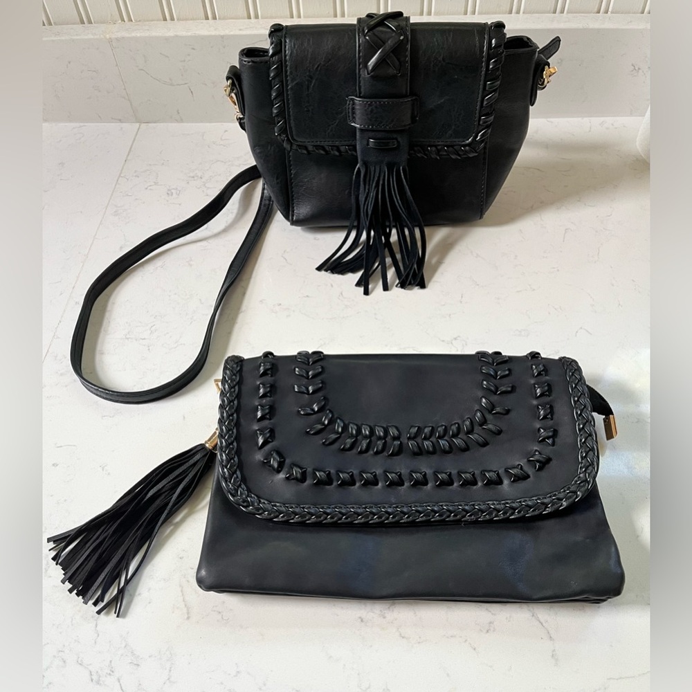 Black Leather Clutch & Tassel Crossbody